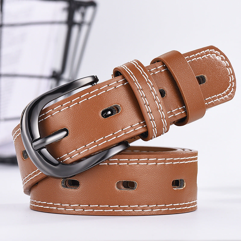 New double-line men and women belt young students openwork wild trousers with Korean cowboy dress belt