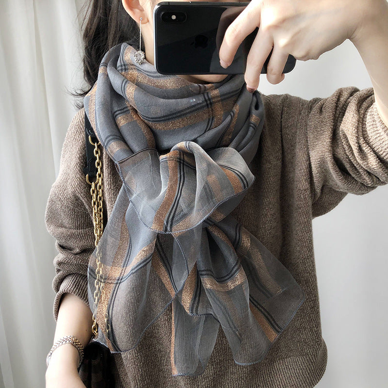 Spring and Autumn Silk Wool Hundreds of Scarf Female Gold Line Large Silk Scarf Autumn Mulberry Silk Silk Shared Water Towels